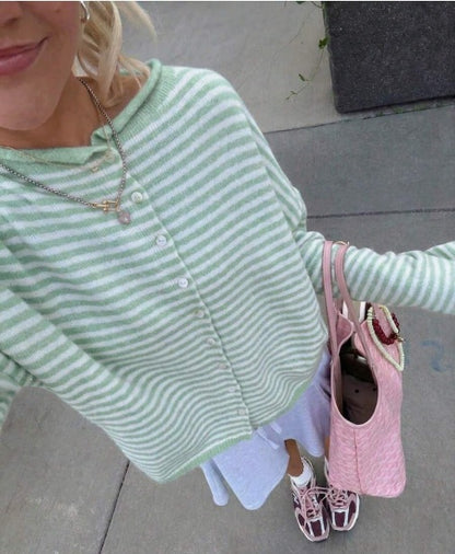 Women's Striped Knit Button-Front Long Sleeve Cardigan