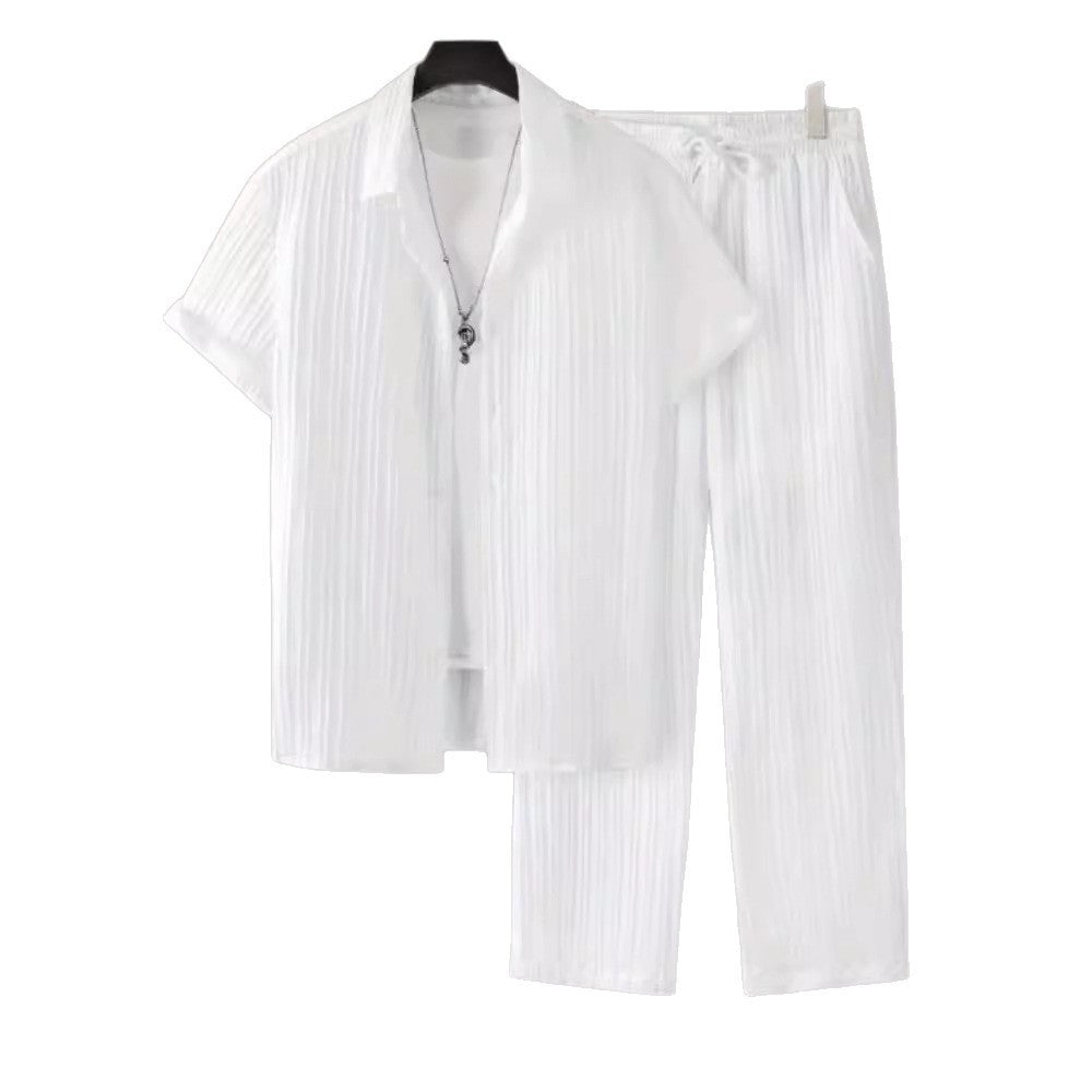 Men's Striped Short-Sleeve Shirt and Drawstring Pants Set