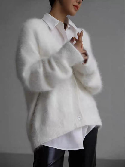 Women's Imitation Mink Fur V-Neck Long Sleeve Knit Cardigan Sweater