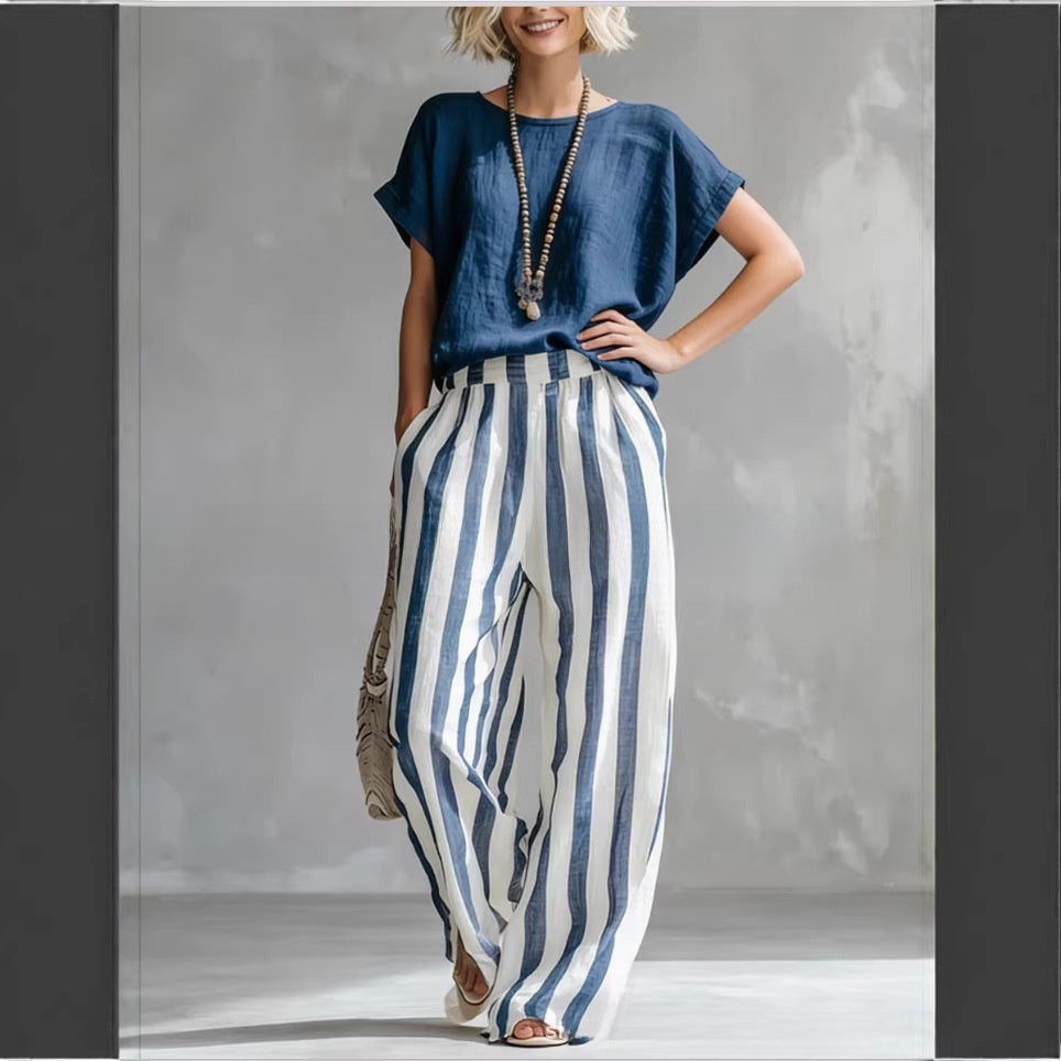 Summer New Comfortable Classic Striped Cotton-Linen Two-Piece Set