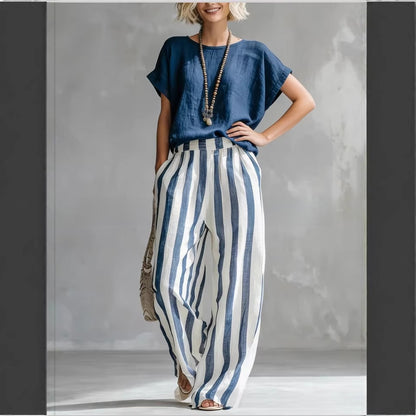 Summer New Comfortable Classic Striped Cotton-Linen Two-Piece Set
