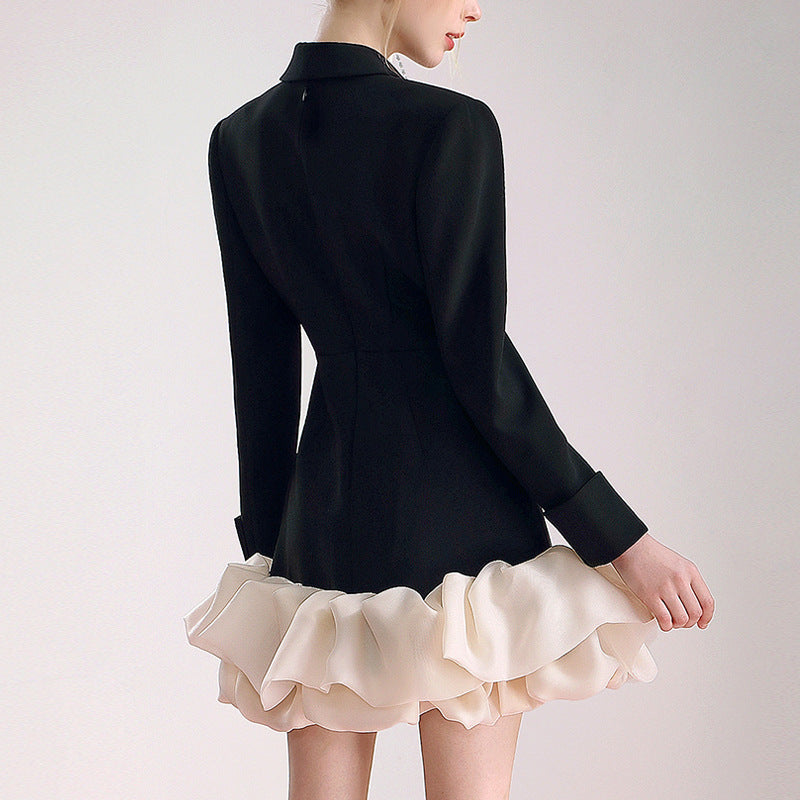 Niche design suit skirt 2023 autumn rhinestone elegant irregular organza stitching dress