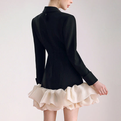 Niche design suit skirt 2023 autumn rhinestone elegant irregular organza stitching dress