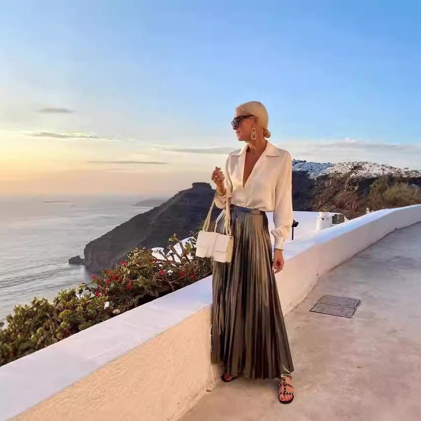 Satijnen overhemd met lange mouwen of glanzend maxi-rok