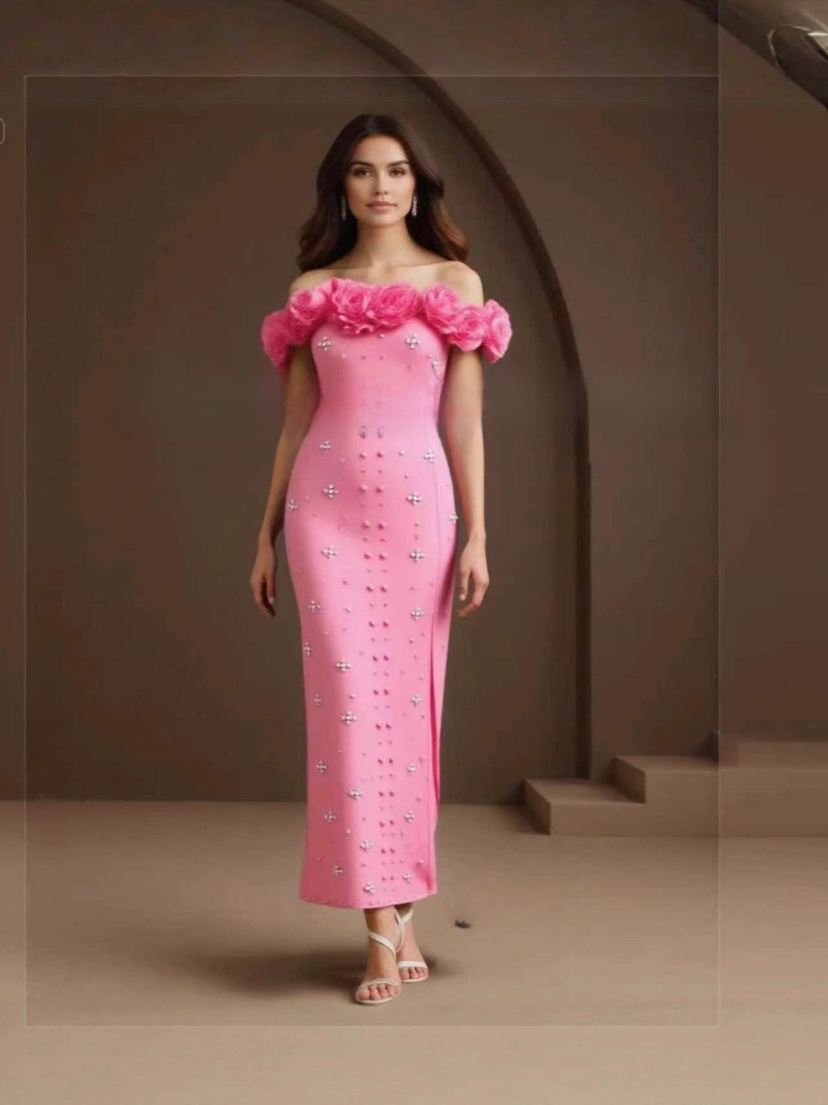 Pearl Embellished One-Shoulder Bandage Dress