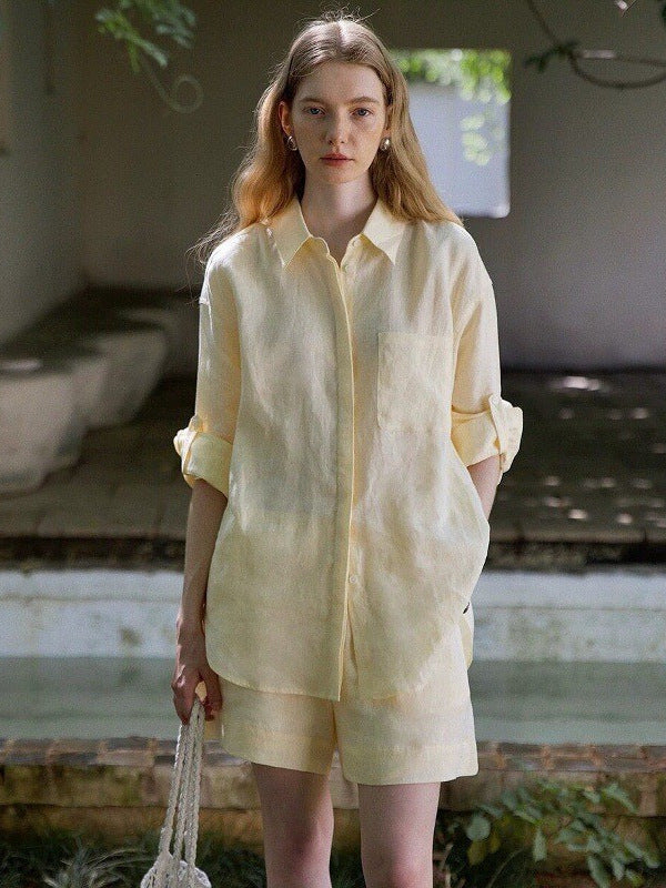 Womens Linen Casual Oversized Shirt Shorts Set