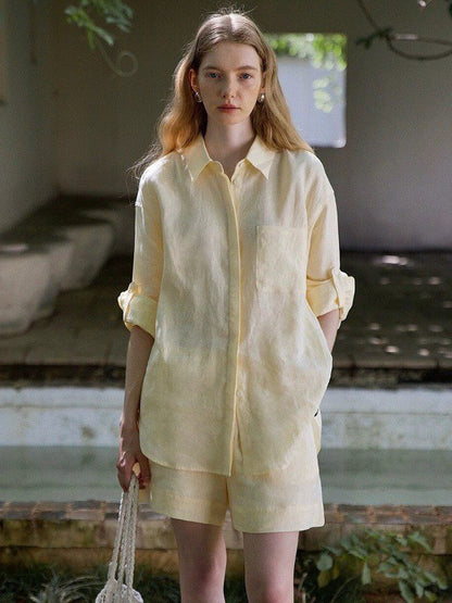 Womens Linen Casual Oversized Shirt Shorts Set