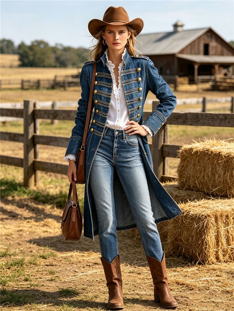 Western Style Denim Mid-Length Coat