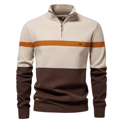 Men's Slim Fit Stand Collar Half-Zip Color-Block Knit Sweater