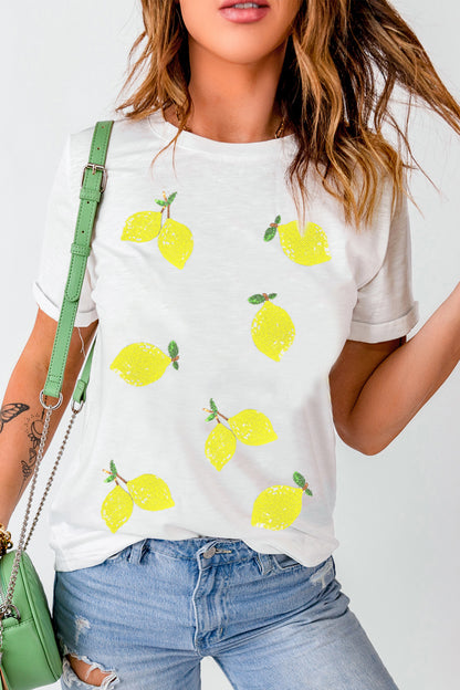 Witte zomerse casual T-shirt met pailletten en citroenprint