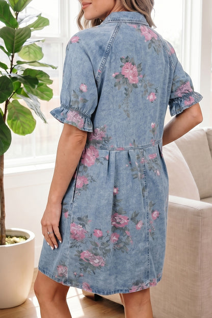 Denim jurk met bloemenprint korte ruchesmouwen zakken en knoopsluiting
