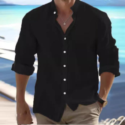 Casual Linen Button-Down Shirt for Men Long Sleeve Solid Color Stand Collar Summer Beach Wear Everyday Clothing