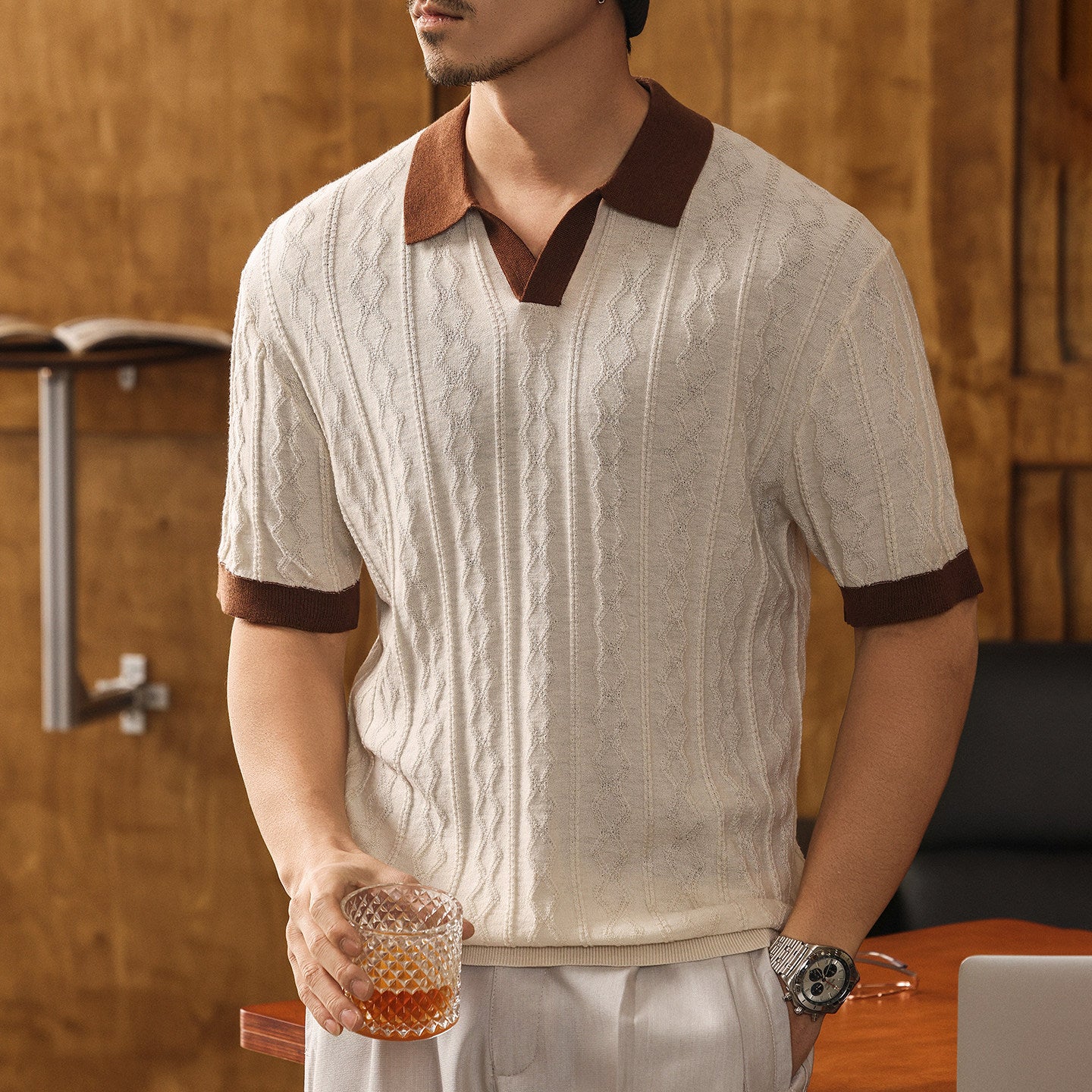Men's Silk Jacquard Polo Shirt Summer Short Sleeve Knitwear