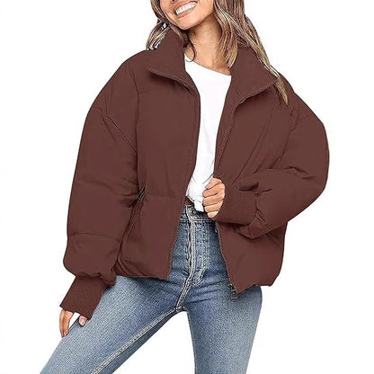 Womens Short Puffer Cotton Jacket Loose Fit Solid Color