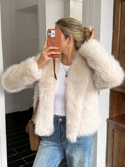 Imitatiebont jacket met lange mouwen en capuchon