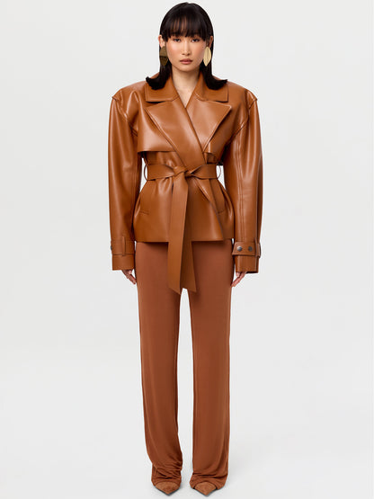 Classic Waist-Cinching PU Leather Jacket