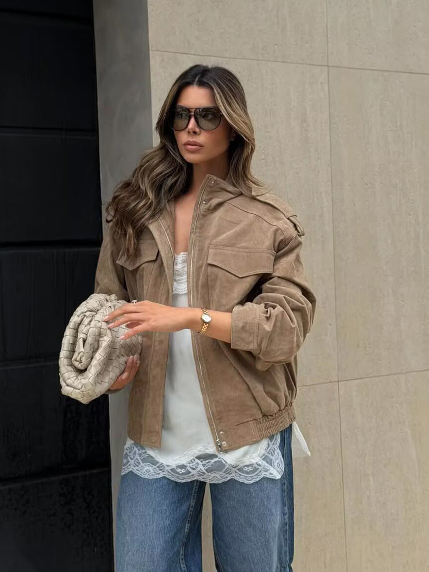 Women's Stand Collar Suede Texture Jacket