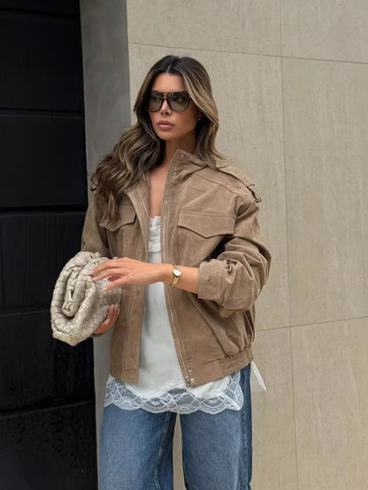 Women's Stand Collar Suede Texture Jacket
