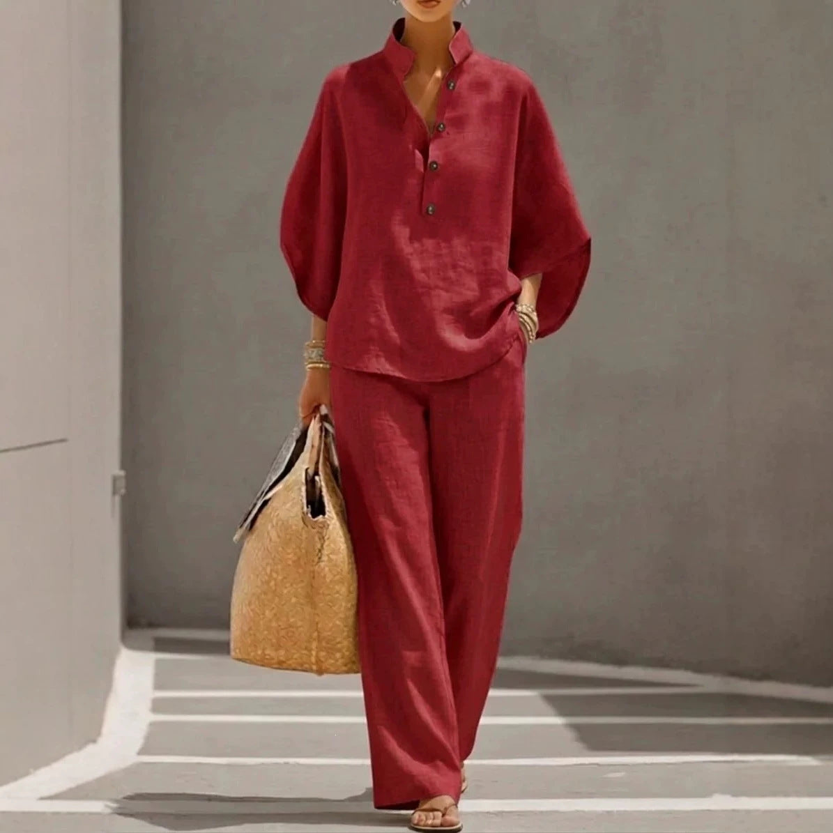 Womens Cotton Linen Shirt Set Casual Long Sleeve