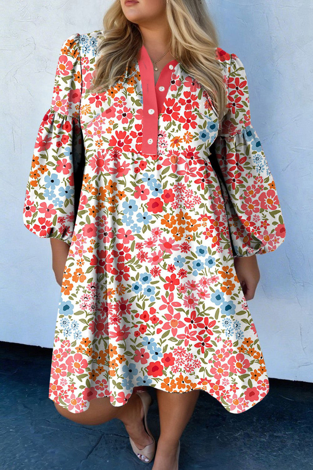 Plus size mini-jurk met knoopsluiting V-hals luipaard of bloemenprint losse pasvorm
