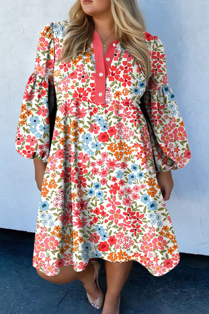 Plus size mini-jurk met knoopsluiting V-hals luipaard of bloemenprint losse pasvorm