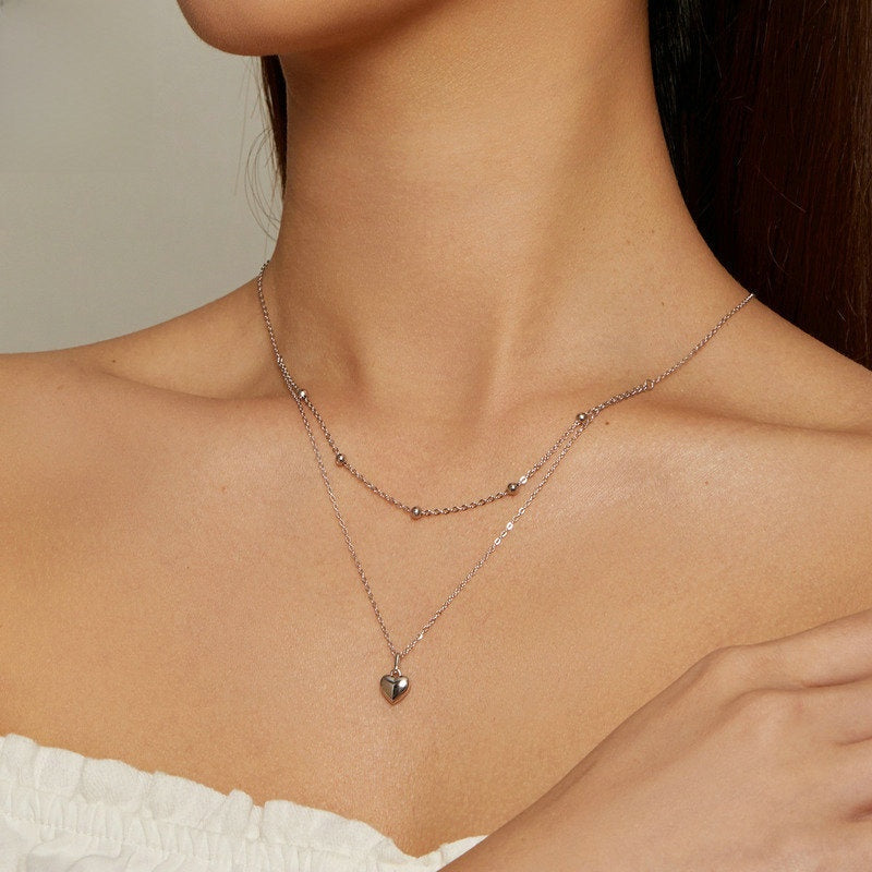 S925 Sterling Silver Heart Necklace Double Layer Layered Clavicle Chain