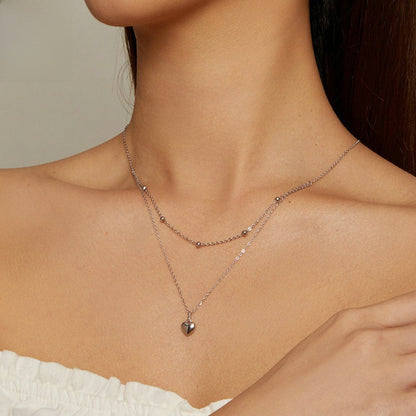 S925 Sterling Silver Heart Necklace Double Layer Layered Clavicle Chain