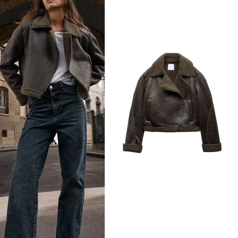 Lapel Patchwork Fleece Motorcycle Short Jacket Coat