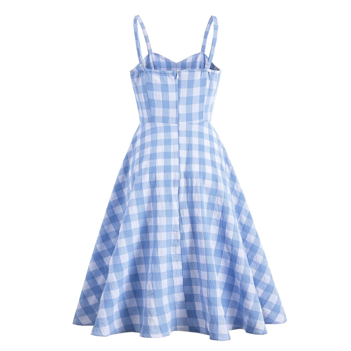 Blue and white English style suspender with a straight line collar, waist cinching large hem dress for women in summer