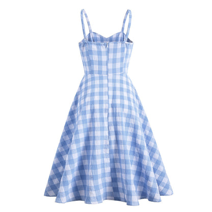 Blue and white English style suspender with a straight line collar, waist cinching large hem dress for women in summer