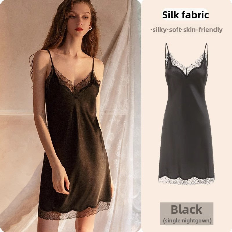 Lace Trim Ice Silk Womens Sleepwear Nightdress