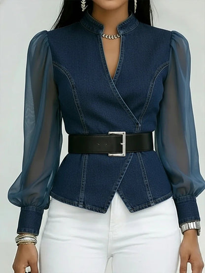 Womens V-Neck Lace Long Sleeve Blouse