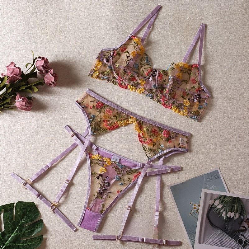 Embroidered Floral Lingerie Set with Underwire