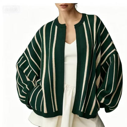 Women's Oversized Color-Block Striped Loose Knit Cardigan