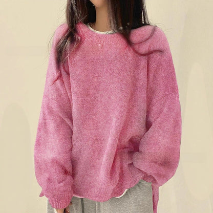 Casual Versatile Solid Color Slit Pullover Loose Long-Sleeve Women's Sweater