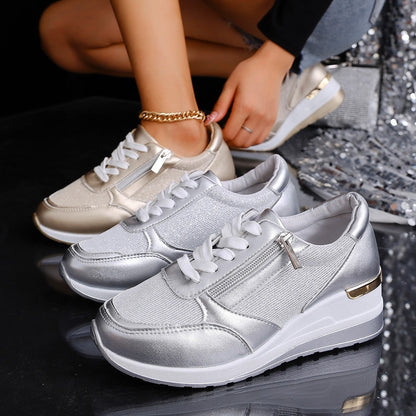 Spring and autumn new foreign trade plus size ladies slope heel Europe and the United States front lace side zipper casual sports shoes wholesale