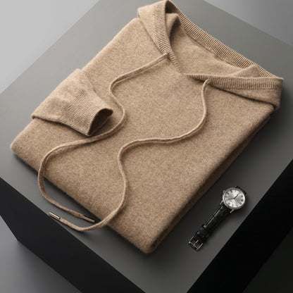 Mens Hooded Cashmere Blend Sweater Solid Color Long Sleeve Knit Pullover