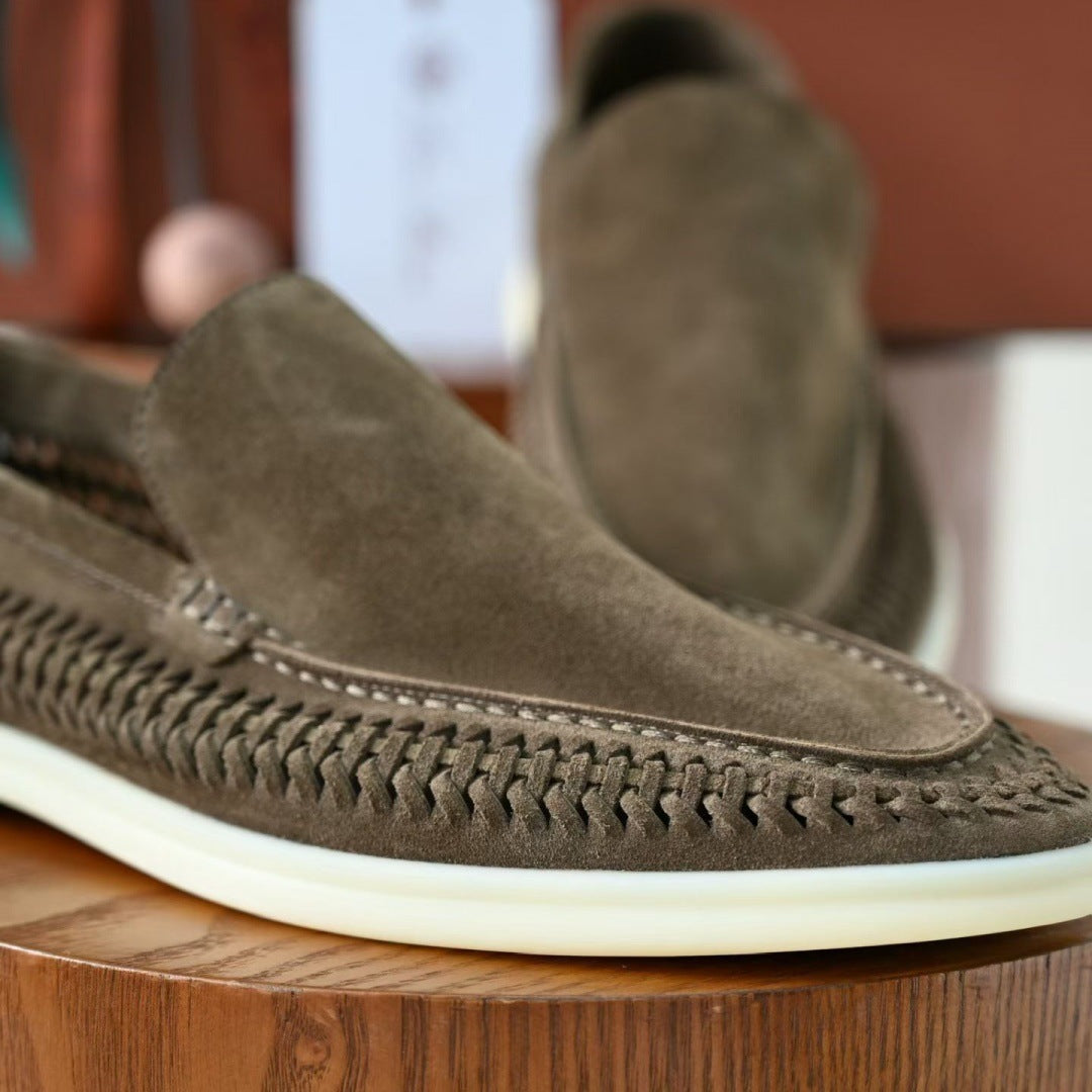 Retro British-style suede woven breathable one-piece slip-on loafers