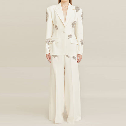 Beaded Rhinestone Blazer and Wide-Leg Pants Set