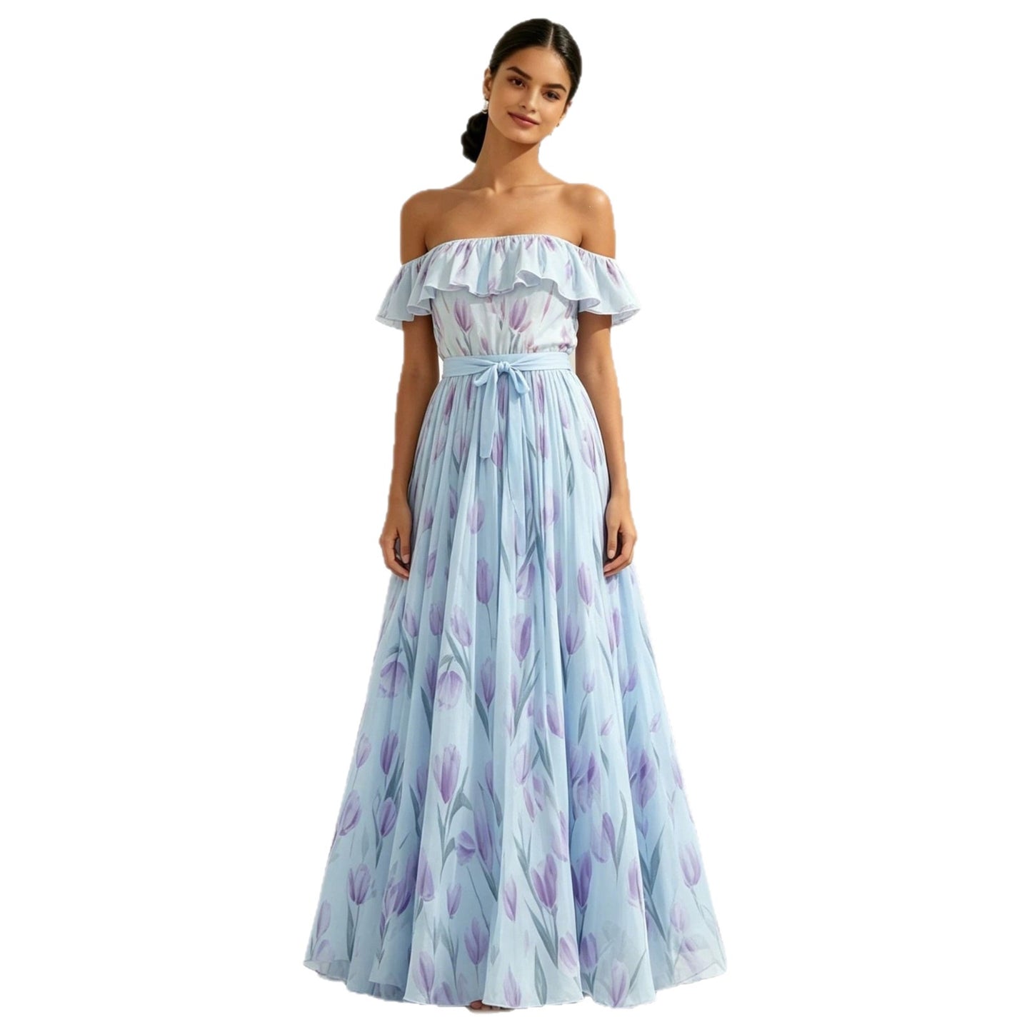 Printed long skirt with waist cinching and large swing dress