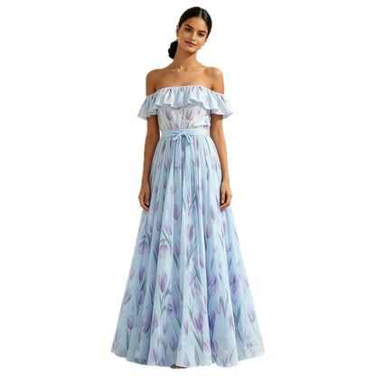 Printed long skirt with waist cinching and large swing dress