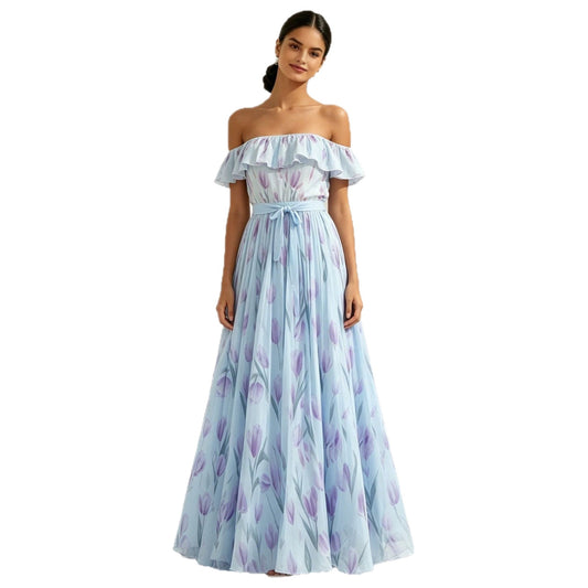 Printed long skirt with waist cinching and large swing dress