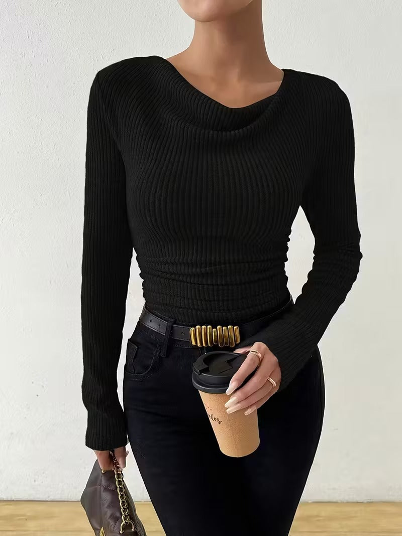 Women's solid-color long-sleeved knitted pullover sweater