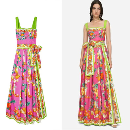 Elegant Stylish Maxi Dress Summer Camisole Strapless Slim Flower Pattern Dresses Lace Up Sashes Boho Dress
