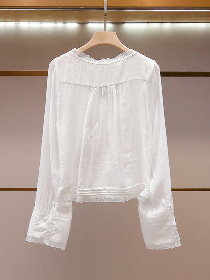 Women's Autumn French Elegant Lace Trim Tie Neck Long Sleeve Shirt