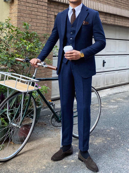 Engelse Retro Visgraat Wol Slim-Fit Heren 3-Delig Pak