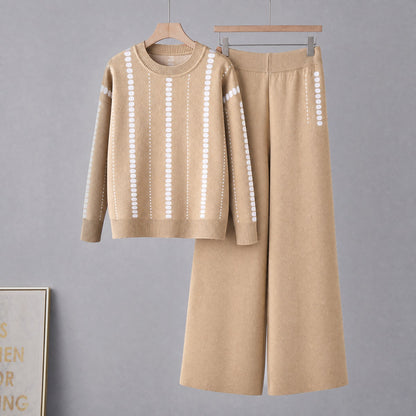 Round Neck Pocket Sweater  Loose Casual Wide-Leg Pants for Women