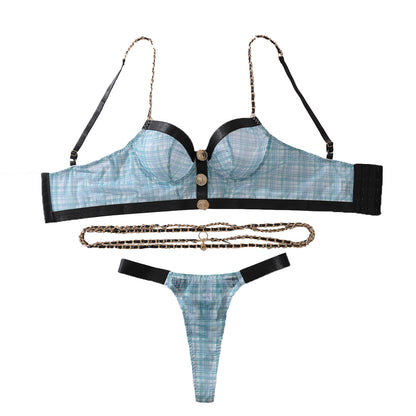 Chain decoration retro grid pattern shaping sexy lingerie split set