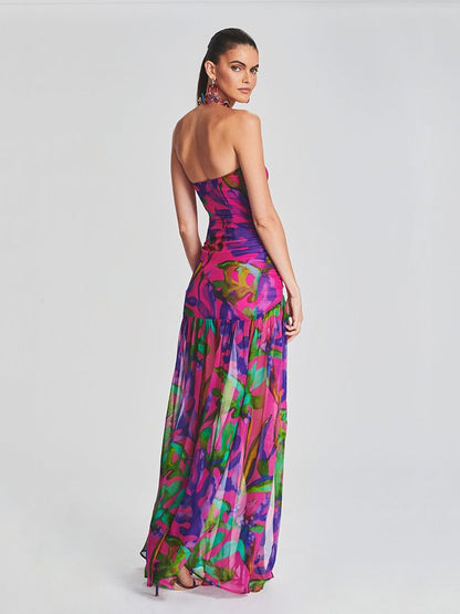 Bedrukte strapless mesh jurk met split perfect voor een feestje of andere gelegenheid