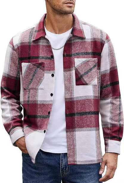 High-end Warm Plaid Men's Thickened Shirt Jacket for Autumn and Winter